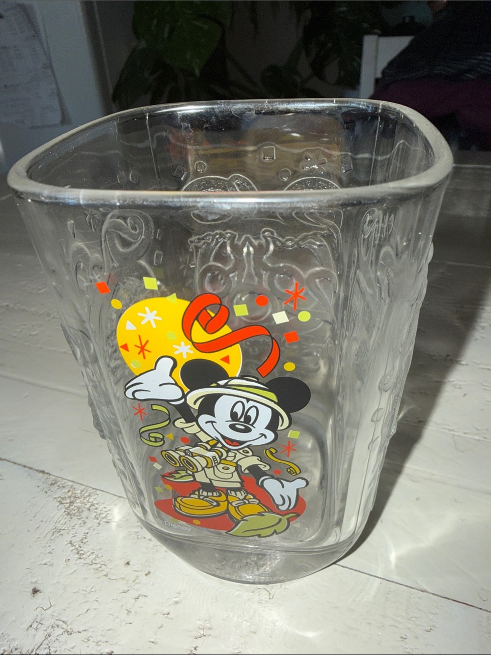 2000 McDonalds Disney Clear Glass Mickey Mouse Vase with Yellow, Red, Green